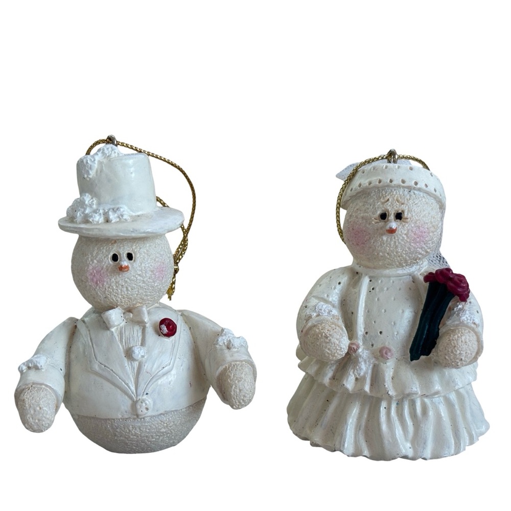 VTG Snowman Bride & Groom Wedding Ornaments Set of 2 Shabby Chic Christmas Decor